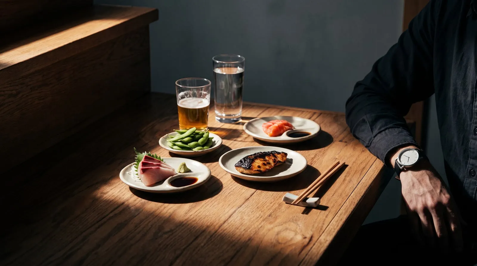 居酒屋のカウンターに並ぶ刺身と枝豆、焼き魚の皿、ビールのグラスと水のグラス。会食で食べる順番を意識した卓上のイメージ