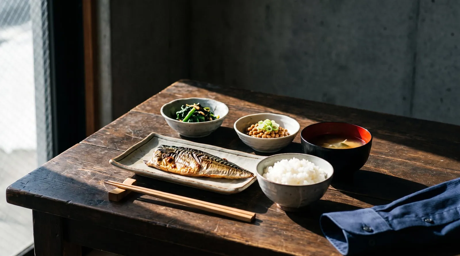 焼き魚と小鉢の野菜、納豆、味噌汁が並ぶ和定食を木のテーブルに置いた、40代男性の食生活を表す食卓