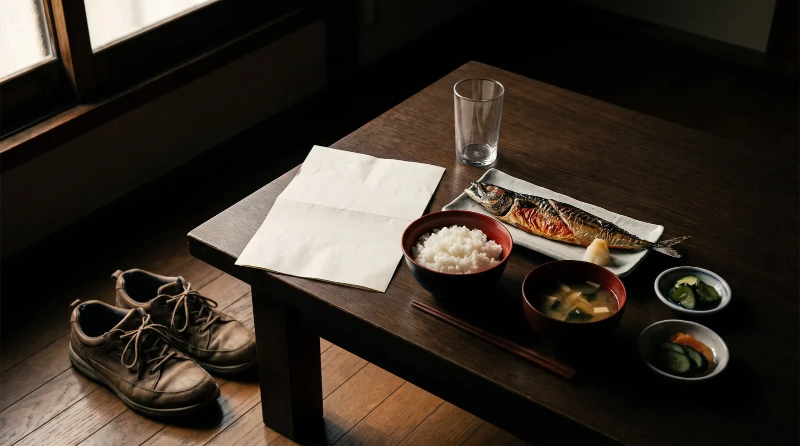 健康診断の結果用紙の横に、焼いた青魚の定食とビールの空きグラス、ウォーキングシューズが置かれた様子