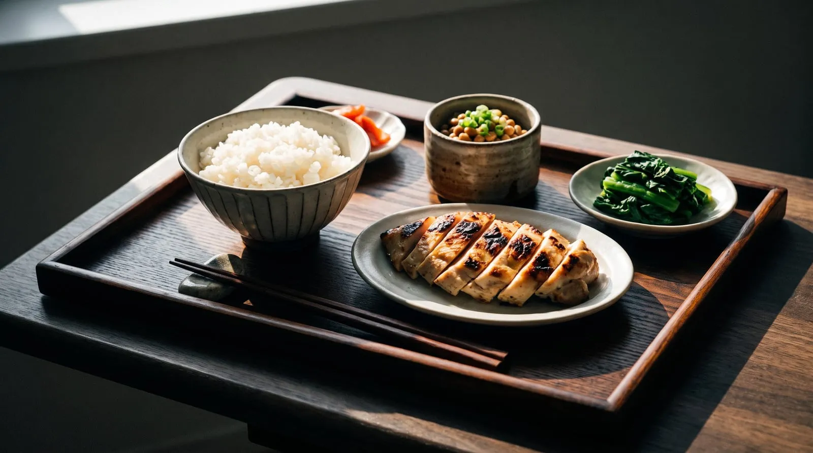 茶碗に軽く盛ったご飯と焼いた鶏むね肉、納豆、青菜のおひたしが並ぶ男性向けの定食の静物
